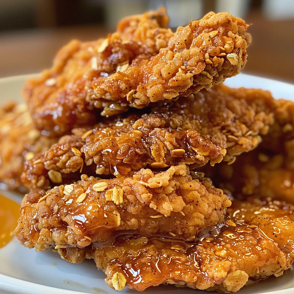 Side view of juicy chicken tenders drizzled with hot honey, garnished for presentation.