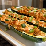 Juicy Keto Buffalo Chicken Zucchini Boats topped with cheese and green onions.