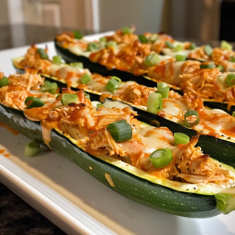 Juicy Keto Buffalo Chicken Zucchini Boats topped with cheese and green onions.