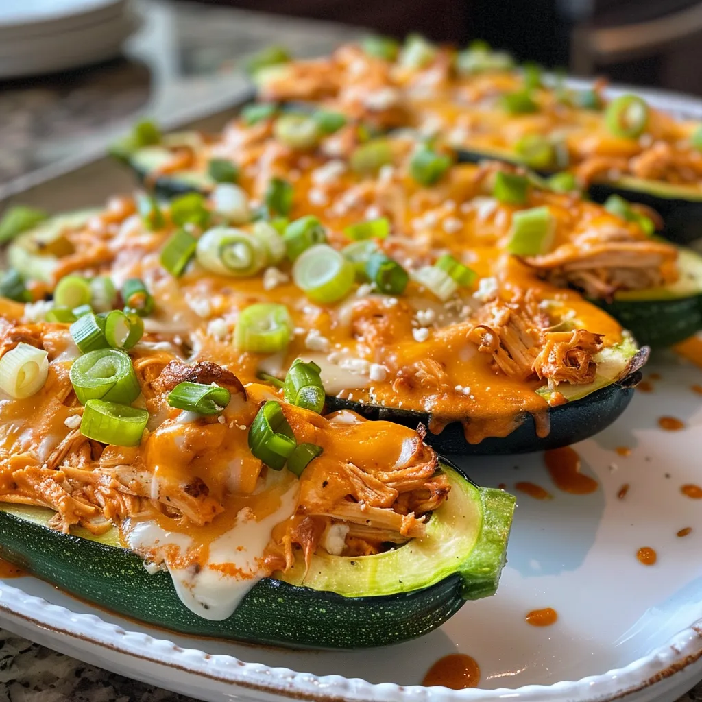 Close-up view of zucchini boats stuffed with shredded chicken and hot sauce.