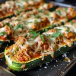 Close-up view of Keto Chicken Parmesan Zucchini Boats with melted cheese on top.