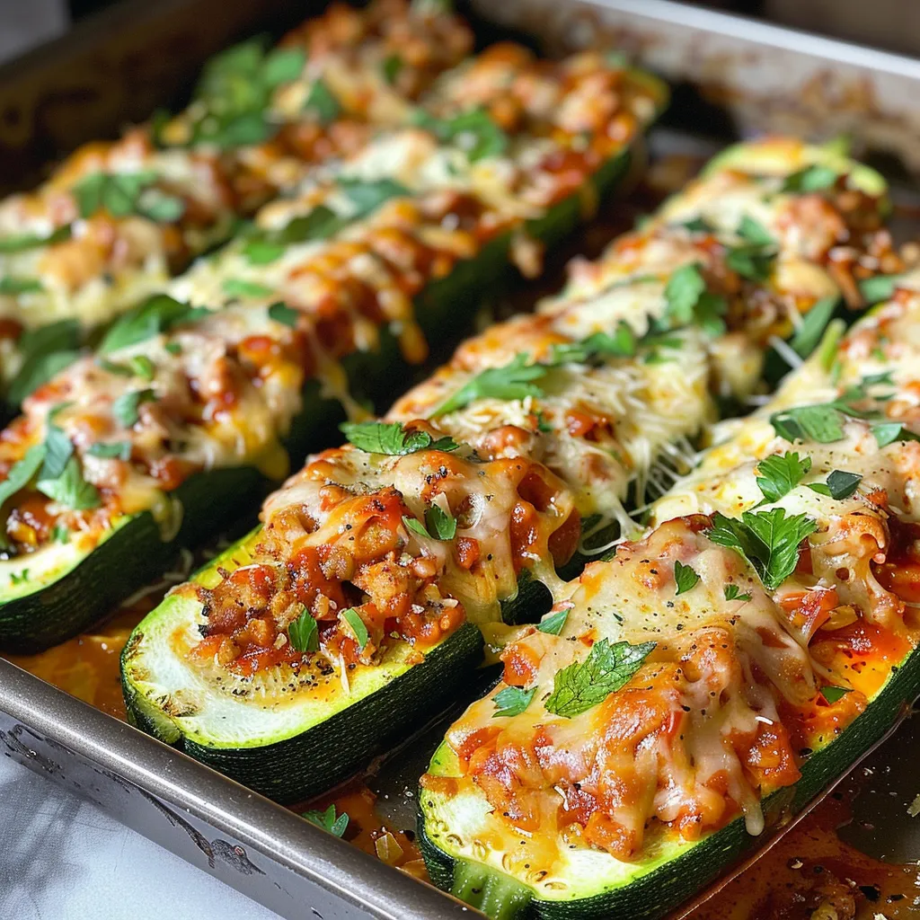 Juicy ground chicken and marinara sauce stuffed in zucchini halves, garnished with parsley.
