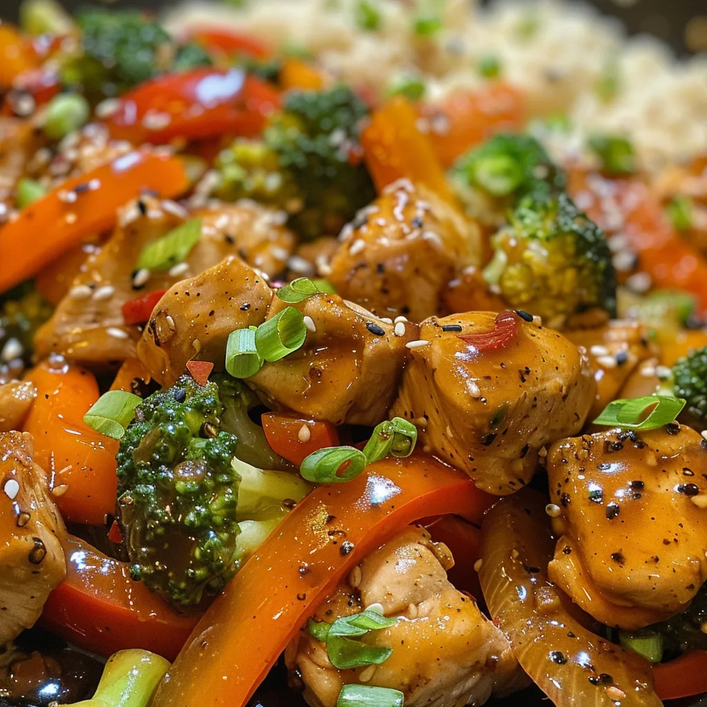 Side view of a vibrant Keto Chicken Stir Fry with broccoli, red bell pepper, and cauliflower rice.