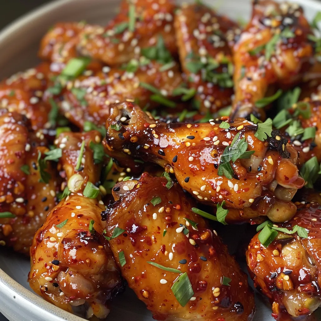 Side view of glazed chicken wings with sesame seeds and green onions.