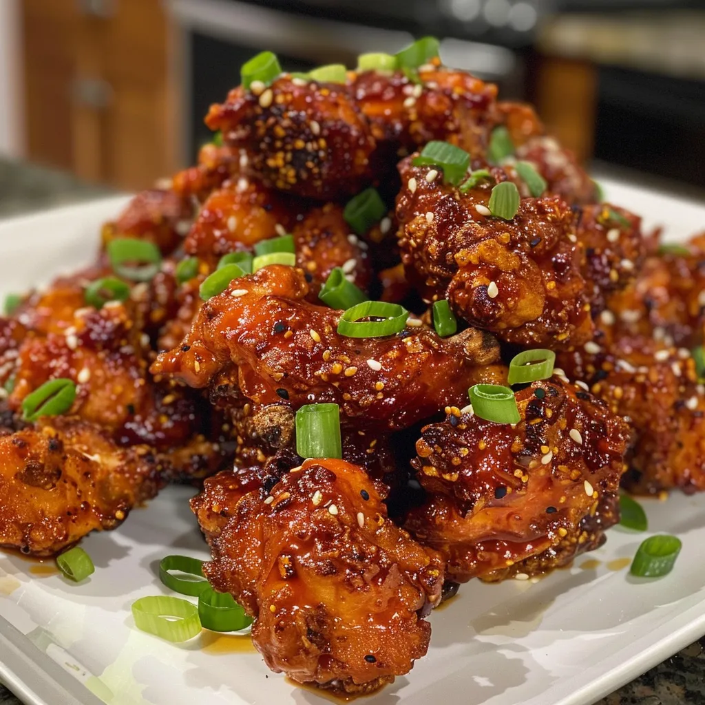 Close-up of crispy Korean fried chicken with garnishes.
