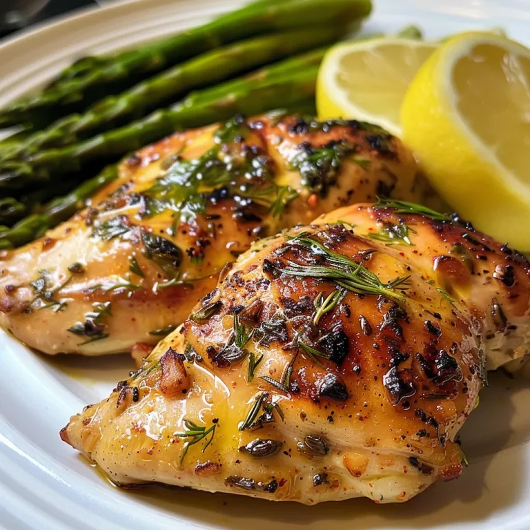 Close-up of lemon and dill butter garlic chicken alongside grilled asparagus on a plate.