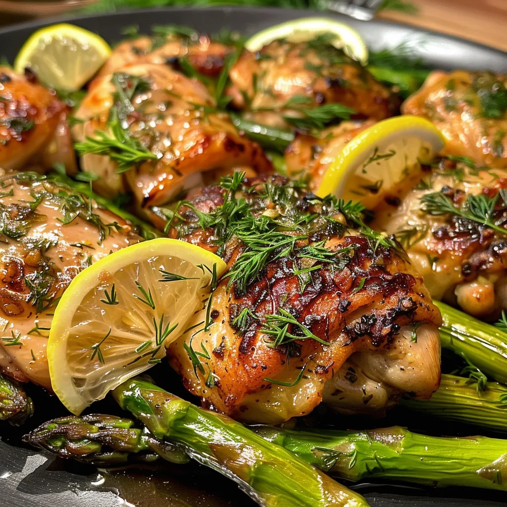 Juicy chicken breast with lemon and dill sauce served with vibrant green asparagus.