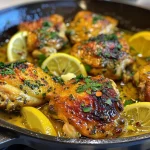 Juicy lemon butter chicken breast garnished with lemon slices and parsley.