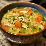 Close-up view of Lemon Chicken Orzo Soup showing ingredients and texture.