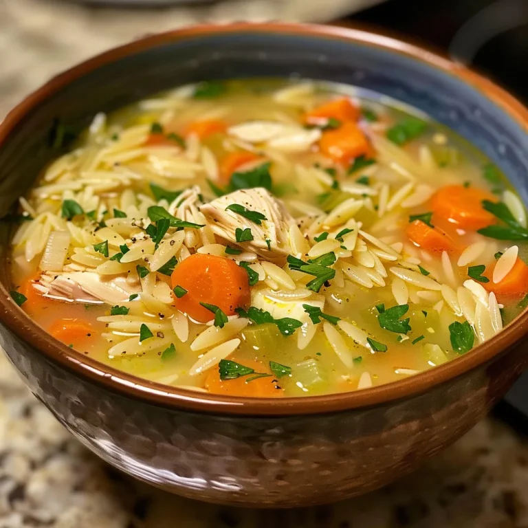 Close-up view of Lemon Chicken Orzo Soup showing ingredients and texture.