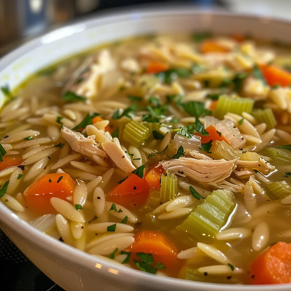 Side angle of a bowl of Lemon Chicken Orzo Soup with visible chicken and orzo.