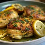 Close-up view of a juicy Lemon Chicken breast drizzled with lemon butter sauce.