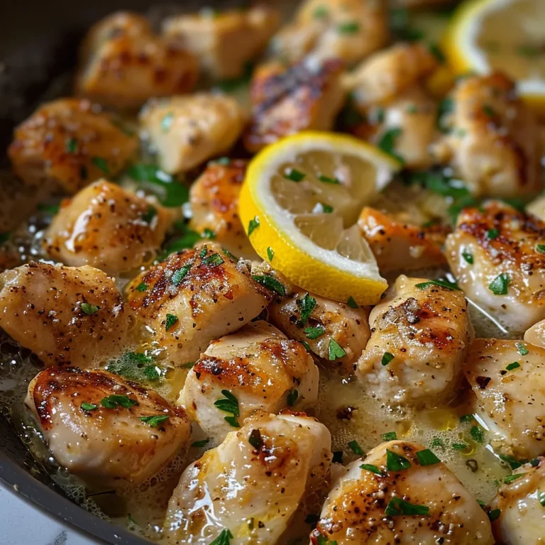 Juicy Lemon Garlic Butter Chicken served in a bowl with linguine and garnished with fresh parsley.