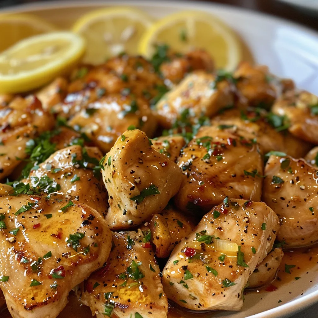 Close-up view of Lemon Garlic Butter Chicken pieces glistening in buttery sauce, featuring a lemon slice on the side.