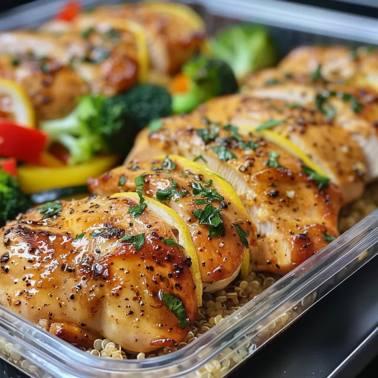 Close-up of lemon garlic chicken with vibrant broccoli and red bell pepper in meal prep containers.