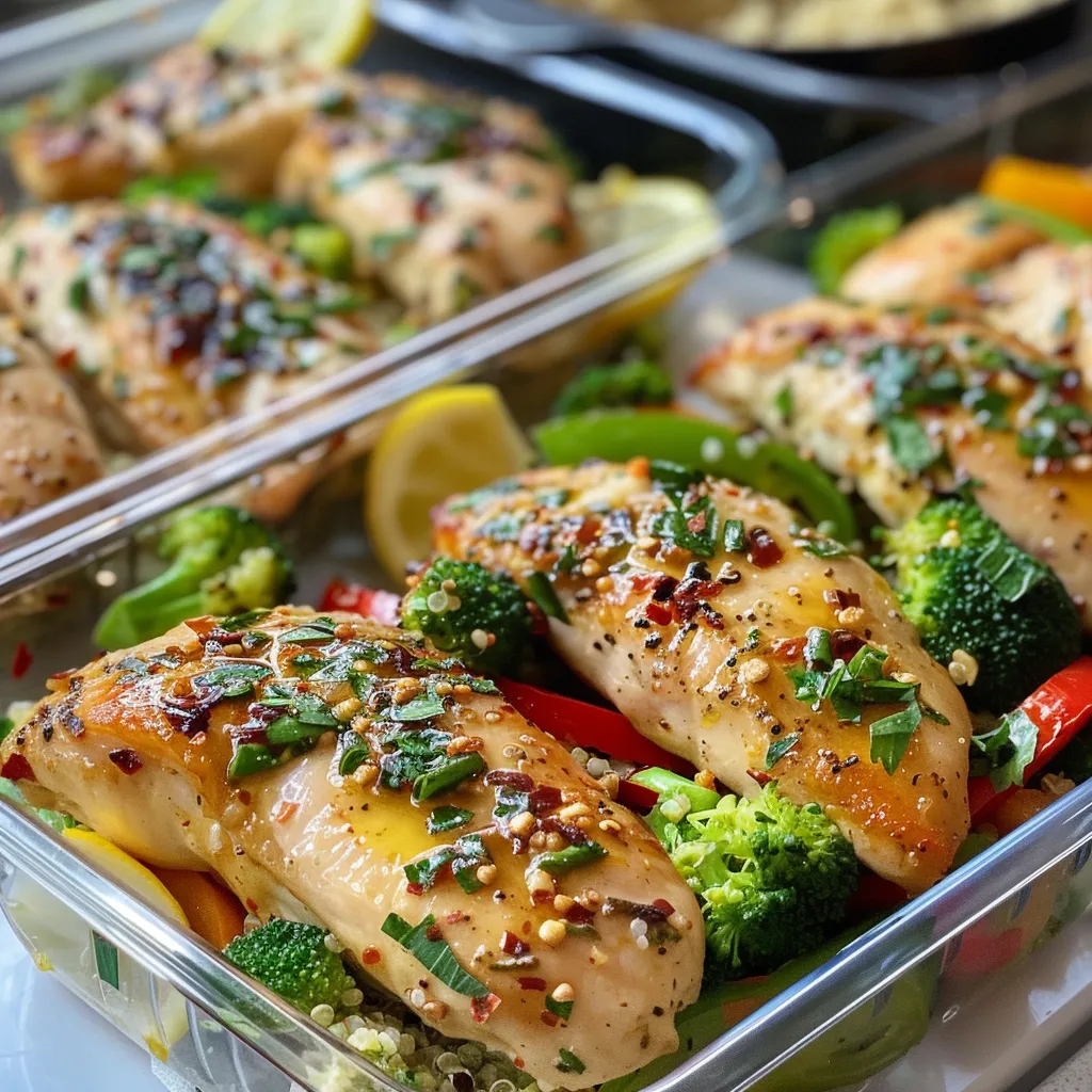 Juicy lemon garlic chicken served with colorful vegetables in a meal prep setup.