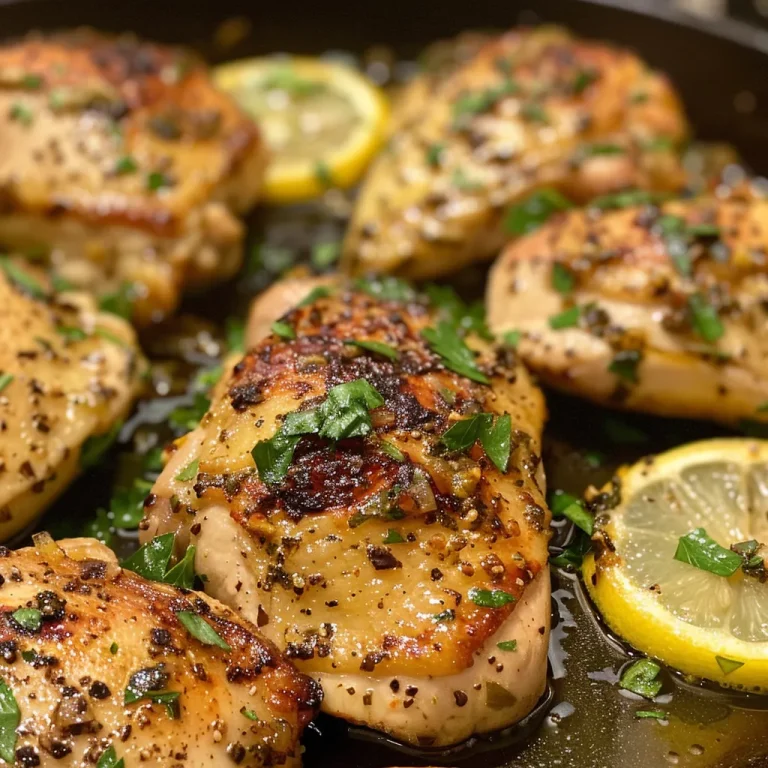 Juicy, golden-brown Lemon Herb Chicken Breasts on a white plate.