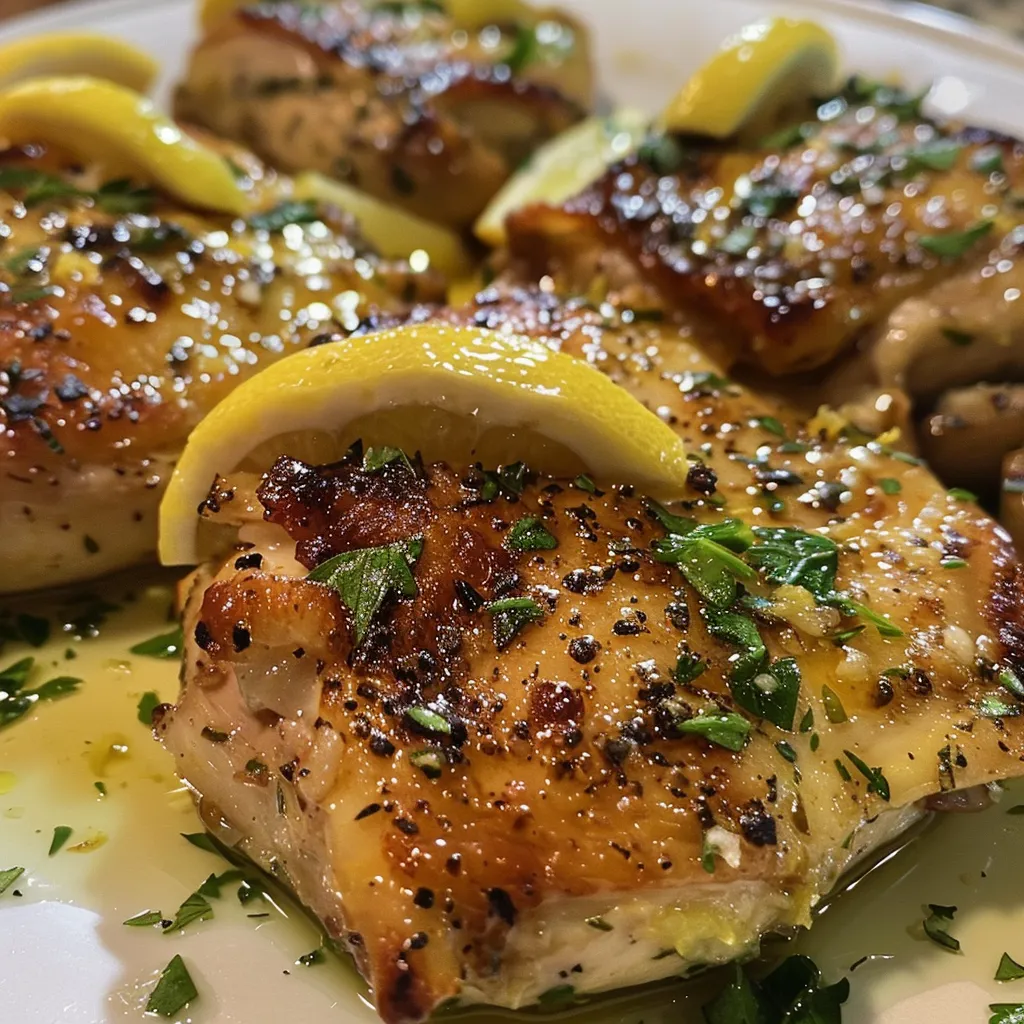 Close-up view of Lemon Herb Chicken Breasts garnished with fresh herbs and lemon slices.
