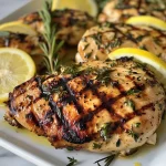 Juicy grilled chicken breast marinated with lemon and herbs, garnished with fresh herbs.