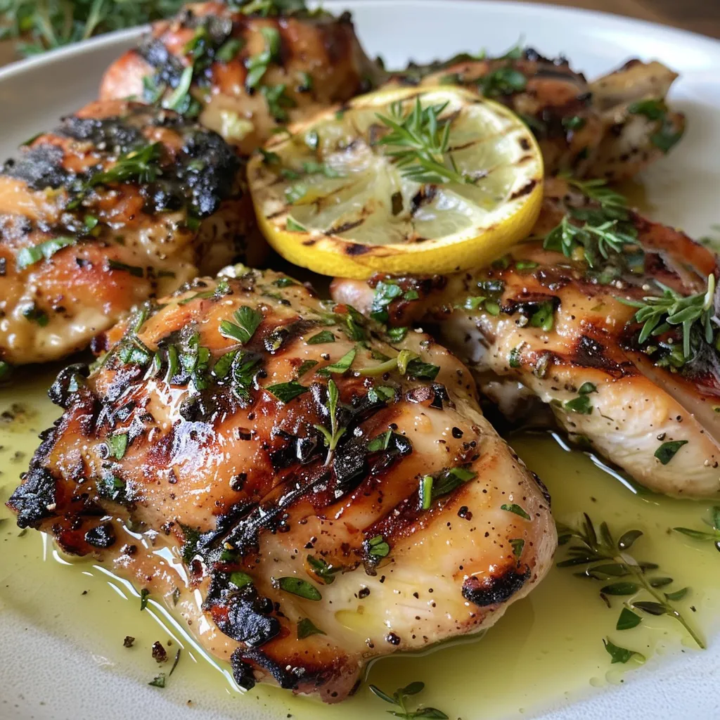Close-up view of Lemon Herb Grilled Chicken on a plate, showcasing its golden-brown surface.