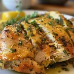 Close-up view of sliced Lemon Herb Roasted Chicken Breast, displaying juicy texture and seasoning.