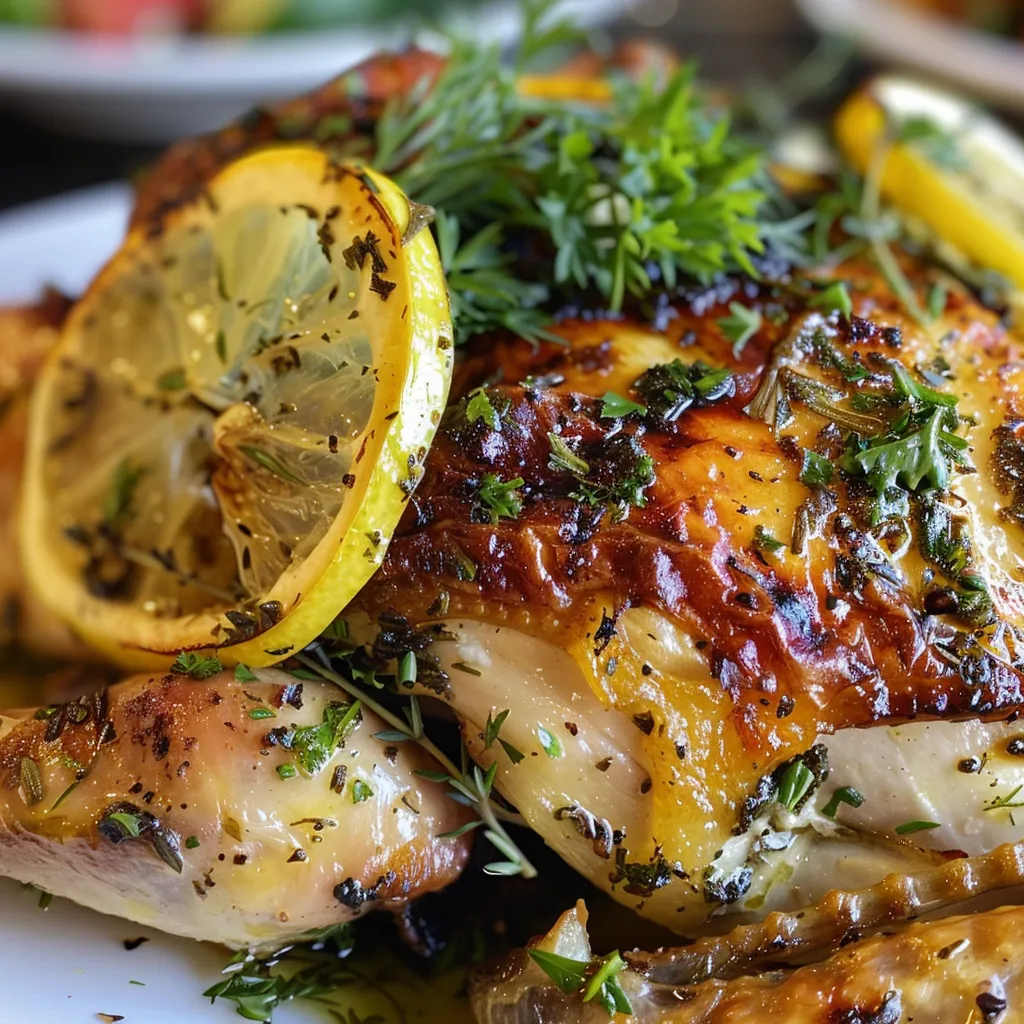 Side view of a perfectly roasted chicken breast garnished with lemon and herbs.