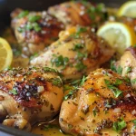 Close-up of golden-brown Lemony Garlic Butter Chicken garnished with fresh parsley.