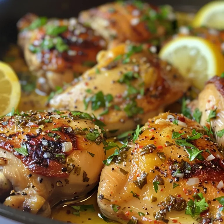 The Zesty Chicken Delight That Brightens Any Dinner Table Close-up of golden-brown Lemony Garlic Butter Chicken garnished with fresh parsley.