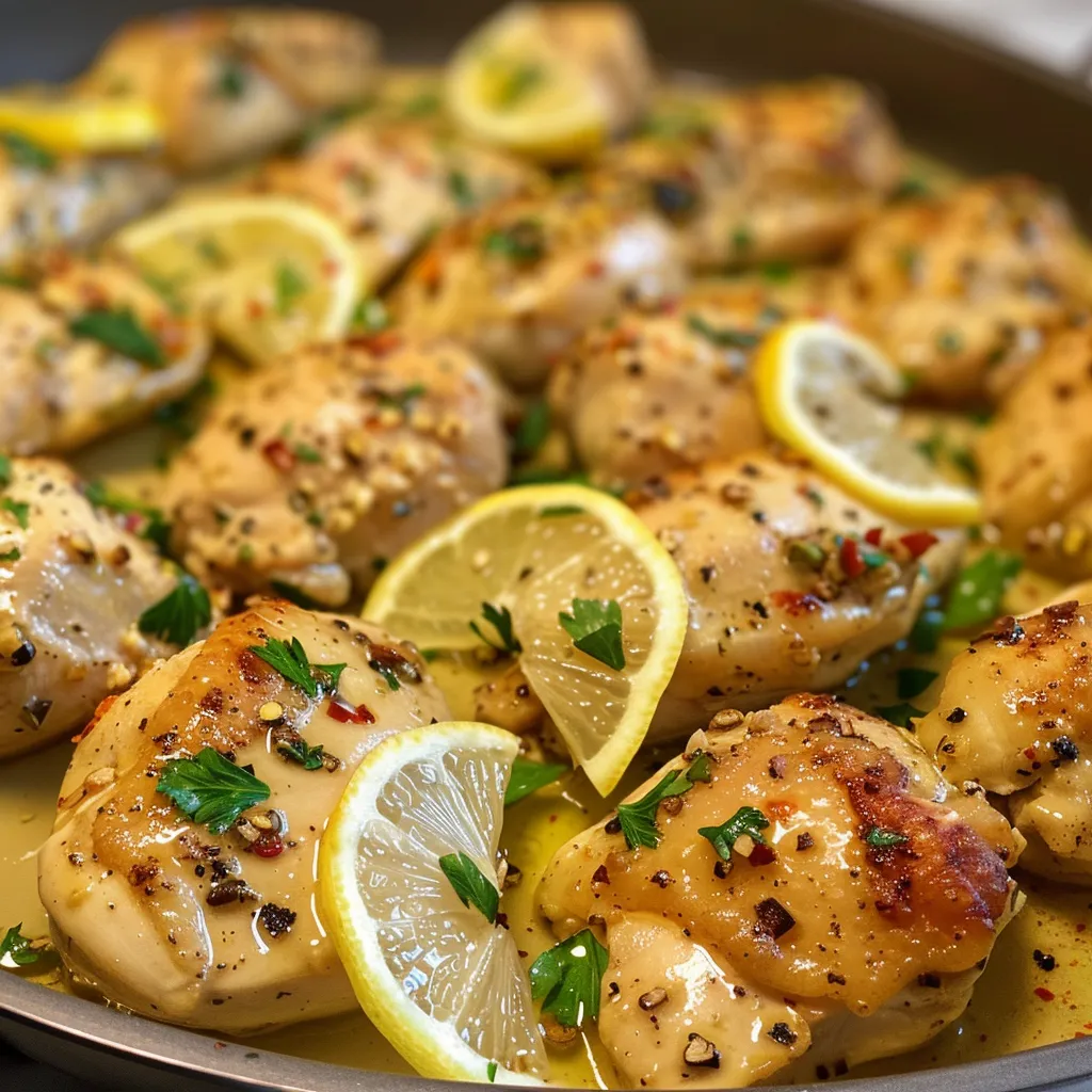 Juicy pieces of chicken in a buttery lemon-garlic sauce with lemon wedges.