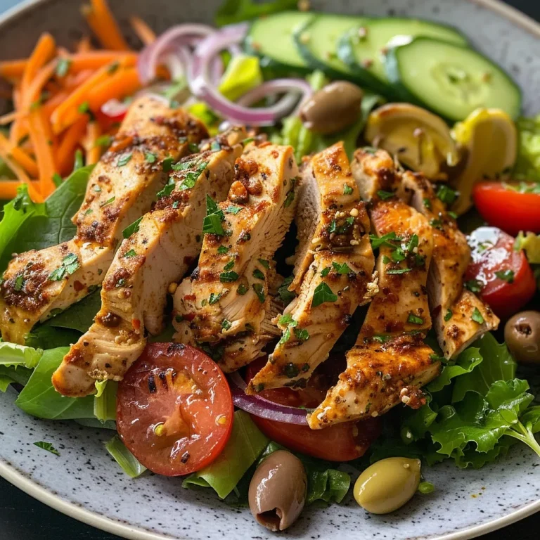 A vibrant close-up of a Light Chicken Shawarma Salad, featuring sliced chicken, fresh vegetables, and a creamy dressing.