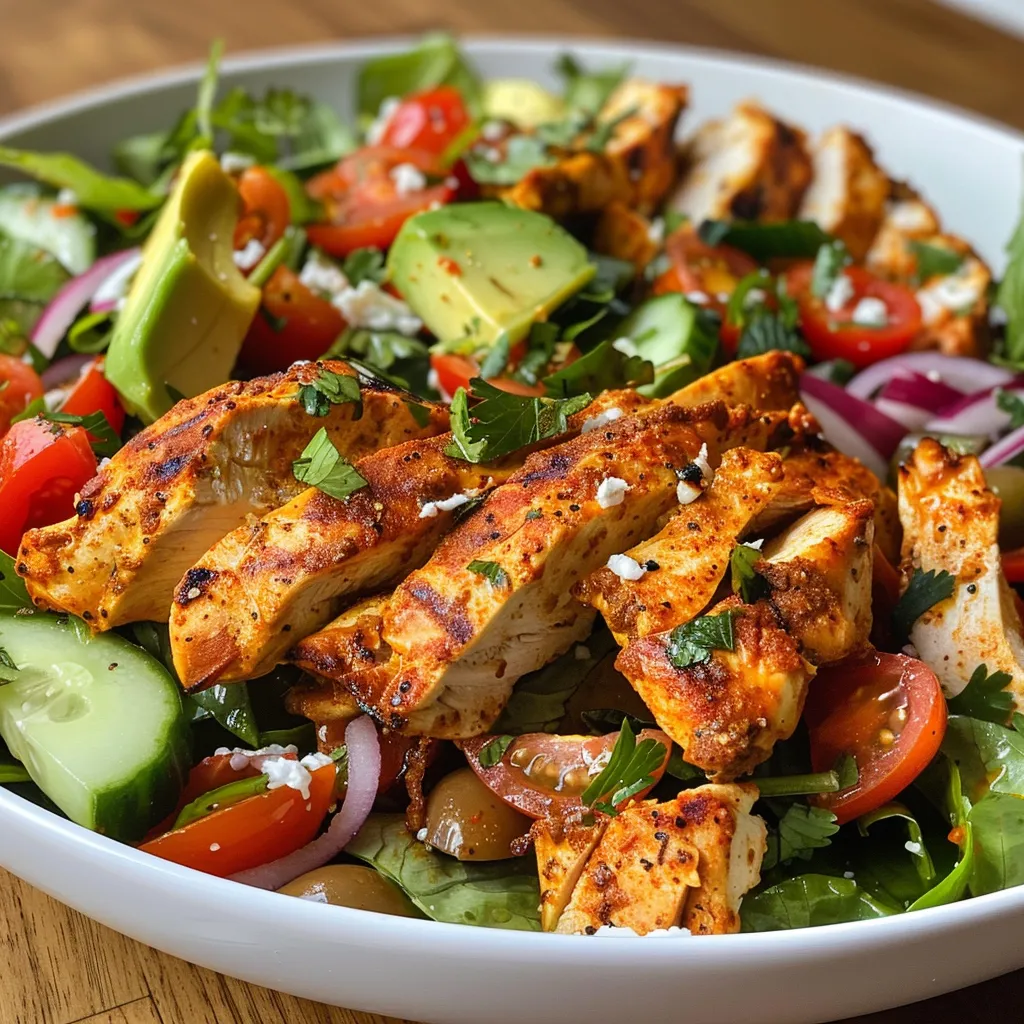 A side view of a colorful Light Chicken Shawarma Salad with diced cucumbers, cherry tomatoes, and avocados on a plate.