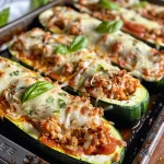 Close-up view of zucchini boats stuffed with chicken parmesan.