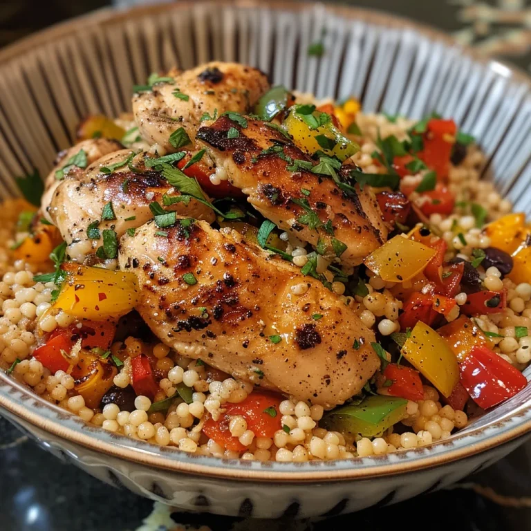 Close-up of a Mediterranean Chicken Couscous Bowl garnished with fresh herbs.