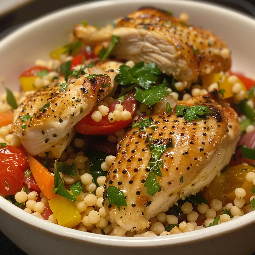 Side view of a colorful couscous bowl featuring grilled chicken and vegetables.