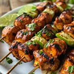 Juicy Mexican barbecue chicken skewers with a bright lime wedge on the side.