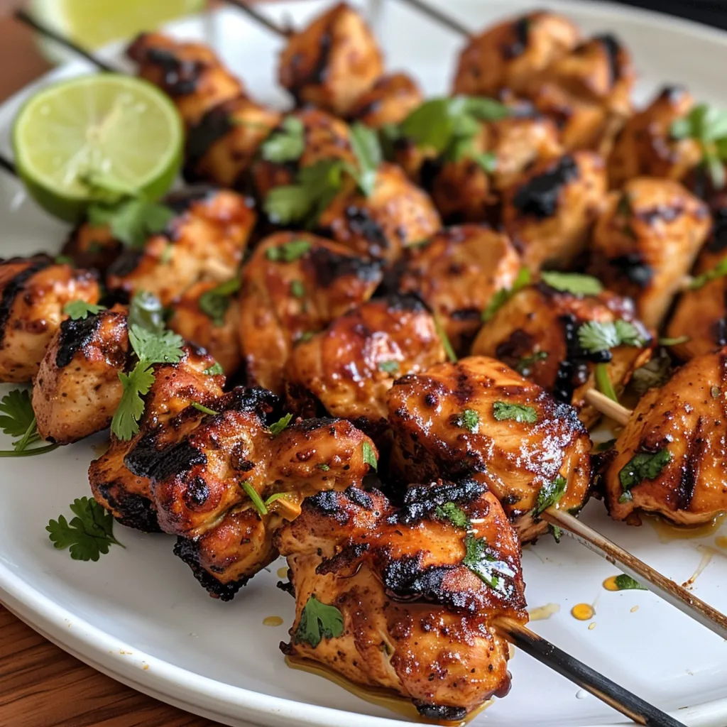 Close-up of grilled chicken skewers, garnished with fresh cilantro and lime.