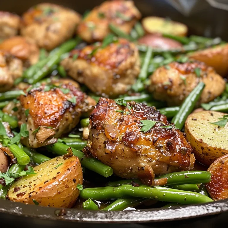 Close-up view of a one-pan chicken dinner featuring green beans and potatoes.