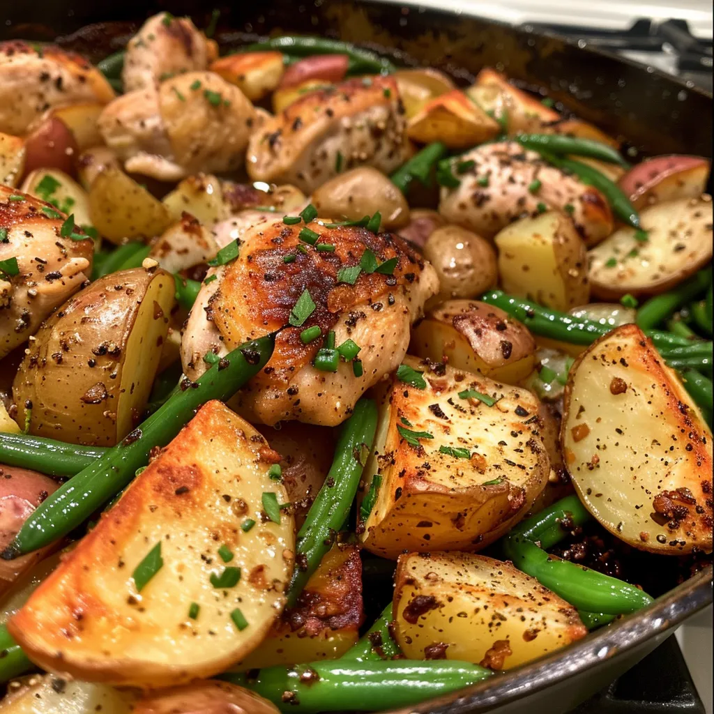 Juicy chicken chunks with green beans and potatoes arranged in a pan.