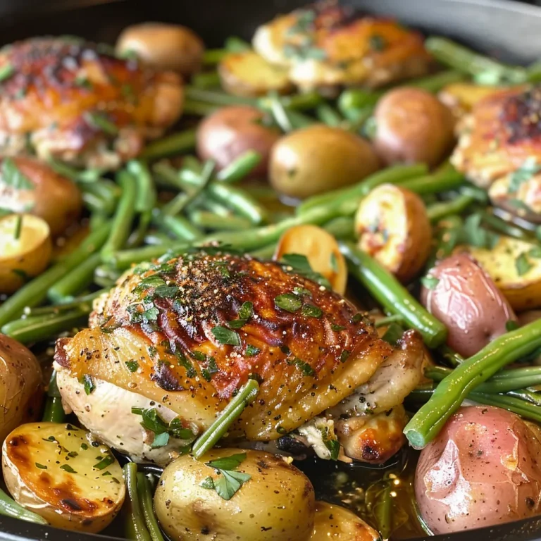 The One-Pan Wonder That Turns Chicken into a Family Feast A close-up side view of juicy garlic herb chicken with crispy roasted potatoes and green beans.