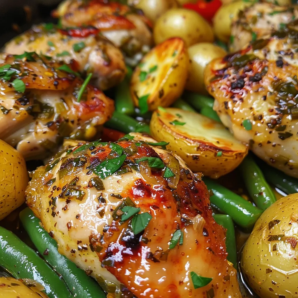 Succulent one-pan garlic herb chicken surrounded by golden baby potatoes and vibrant green beans on a plate.