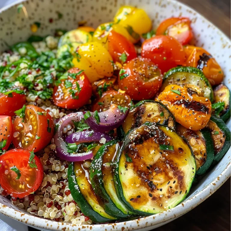 Close-up view of a quinoa and roasted vegetable bowl with colorful ingredients.