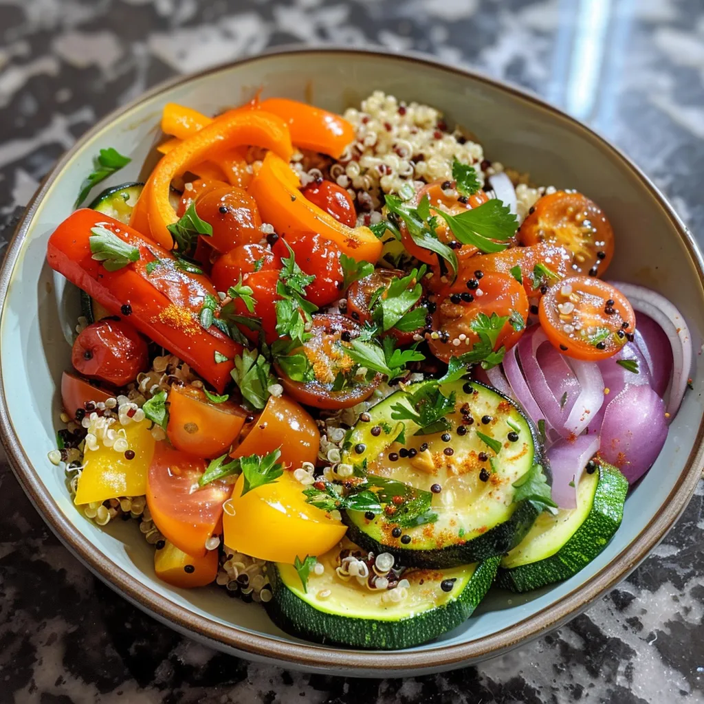 A vibrant quinoa bowl featuring roasted vegetables, garnished with parsley.