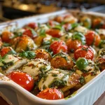 Close-up view of Savory Caprese Chicken Casserole topped with fresh basil.