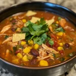A close-up view of a bowl of creamy Chicken Tortilla Soup garnished with tortilla strips.