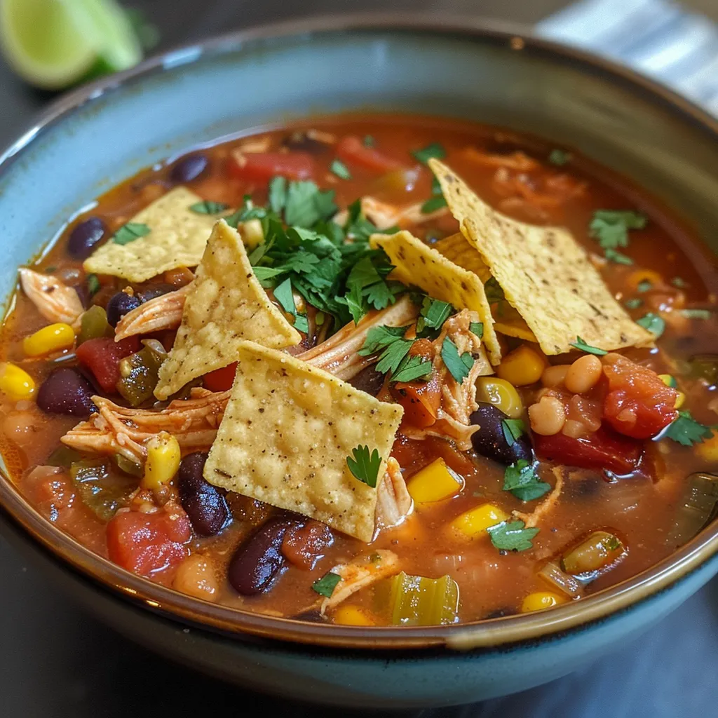A vibrant bowl of savory Chicken Tortilla Soup, showcasing beans, corn, and spices.