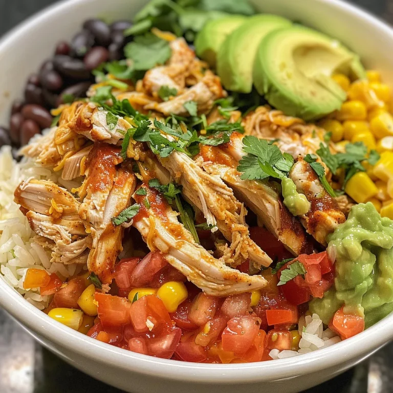 Close-up of a vibrant slow cooker chicken burrito bowl with rice, beans, and avocados.