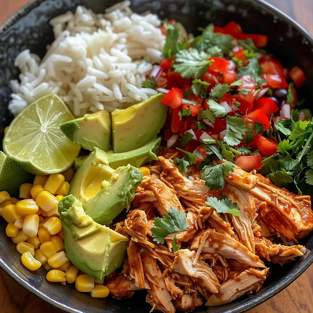 Juicy chicken burrito bowl filled with corn, black beans, and fresh cilantro.