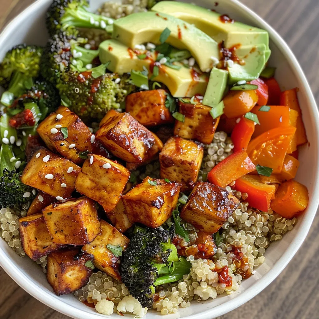 Juicy Spiced Tofu and colorful roasted vegetables over a bed of quinoa in a bowl.