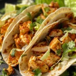 Juicy spicy chipotle chicken tacos with lettuce and cilantro, served in small tortillas.