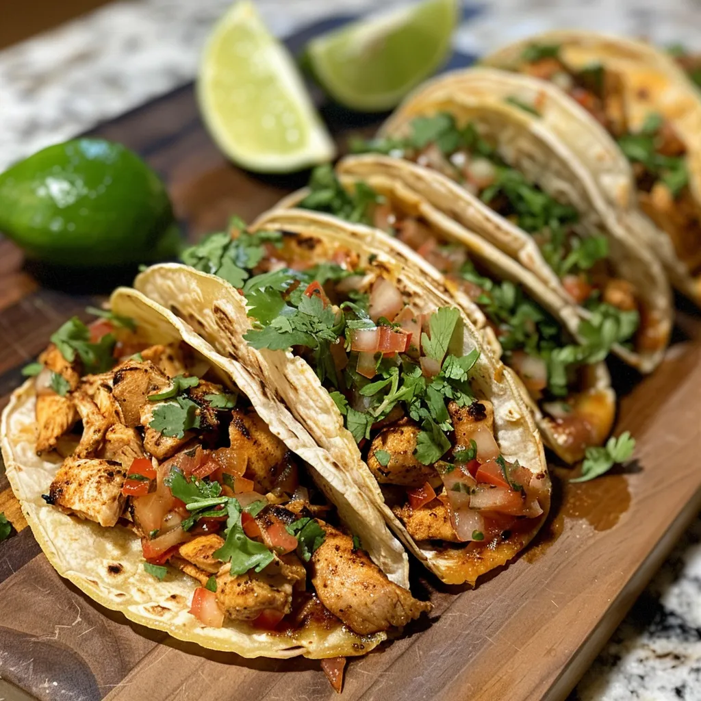 Close-up view of vibrant spicy chipotle chicken tacos topped with fresh ingredients.